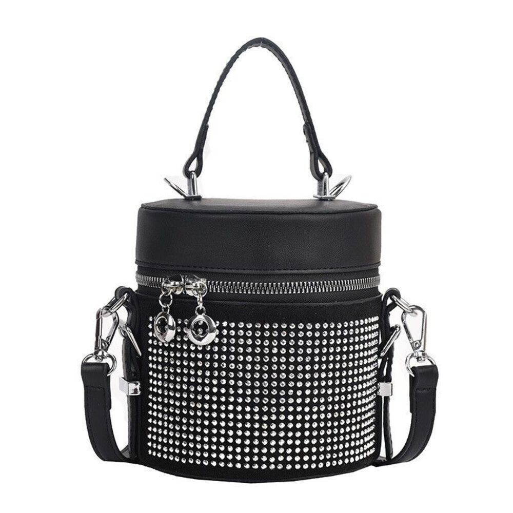 Women's Black Rhinestone Bucket Satchel Crossbody Handbag